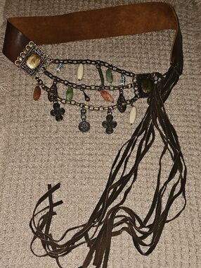 VINTAGE bebe Brown Suede Fringe Belt with Beaded Charms